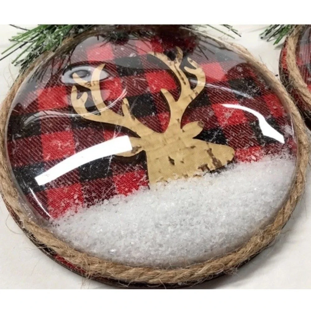 New Set Of 4 Snow Globe Plaid Deer Christmas Ornament Pine‎ Berries Farmhouse 4